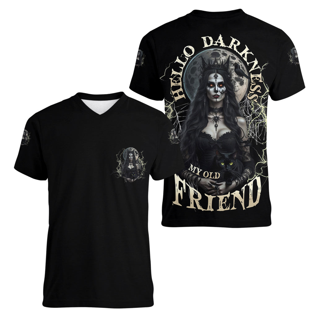 Hello Darkness My Old Friend Halloween Witch Women V Neck T Shirt - Wonder Print Shop