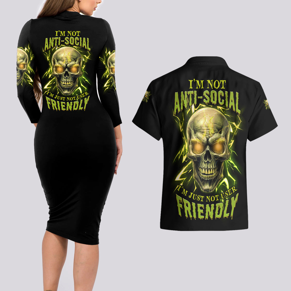 I'm Not Anti-social Mad Skull Couples Matching Long Sleeve Bodycon Dress and Hawaiian Shirt - Wonder Print Shop