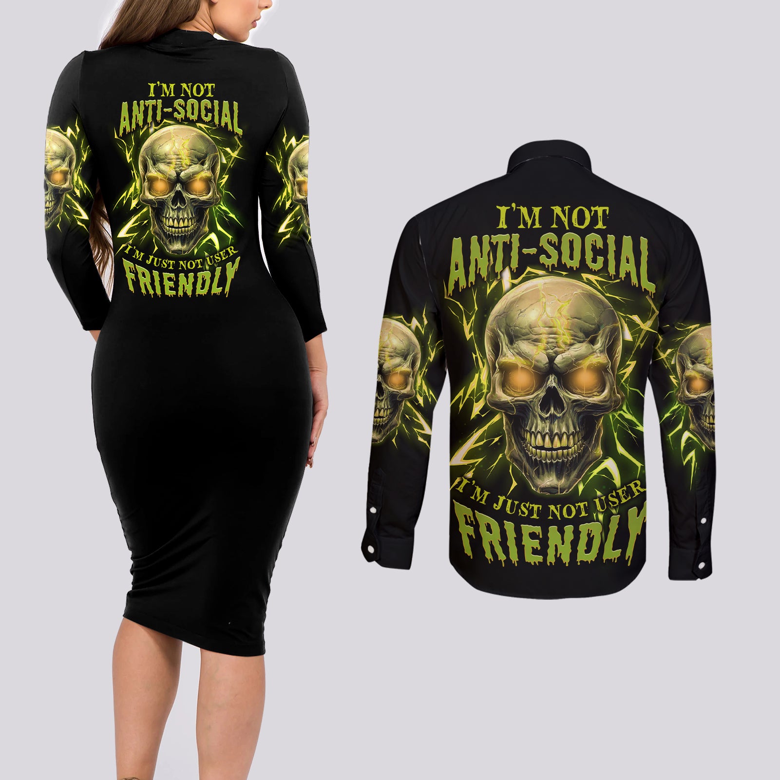 I'm Not Anti-social Mad Skull Couples Matching Long Sleeve Bodycon Dress and Long Sleeve Button Shirt - Wonder Print Shop
