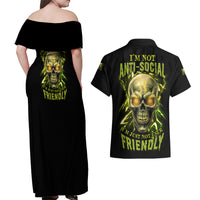I'm Not Anti-social Mad Skull Couples Matching Off Shoulder Maxi Dress and Hawaiian Shirt - Wonder Print Shop