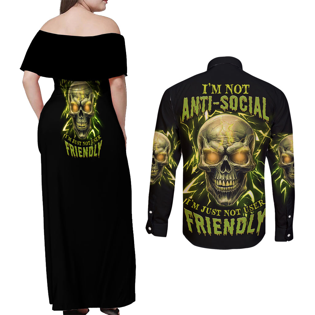 I'm Not Anti-social Mad Skull Couples Matching Off Shoulder Maxi Dress and Long Sleeve Button Shirt - Wonder Print Shop