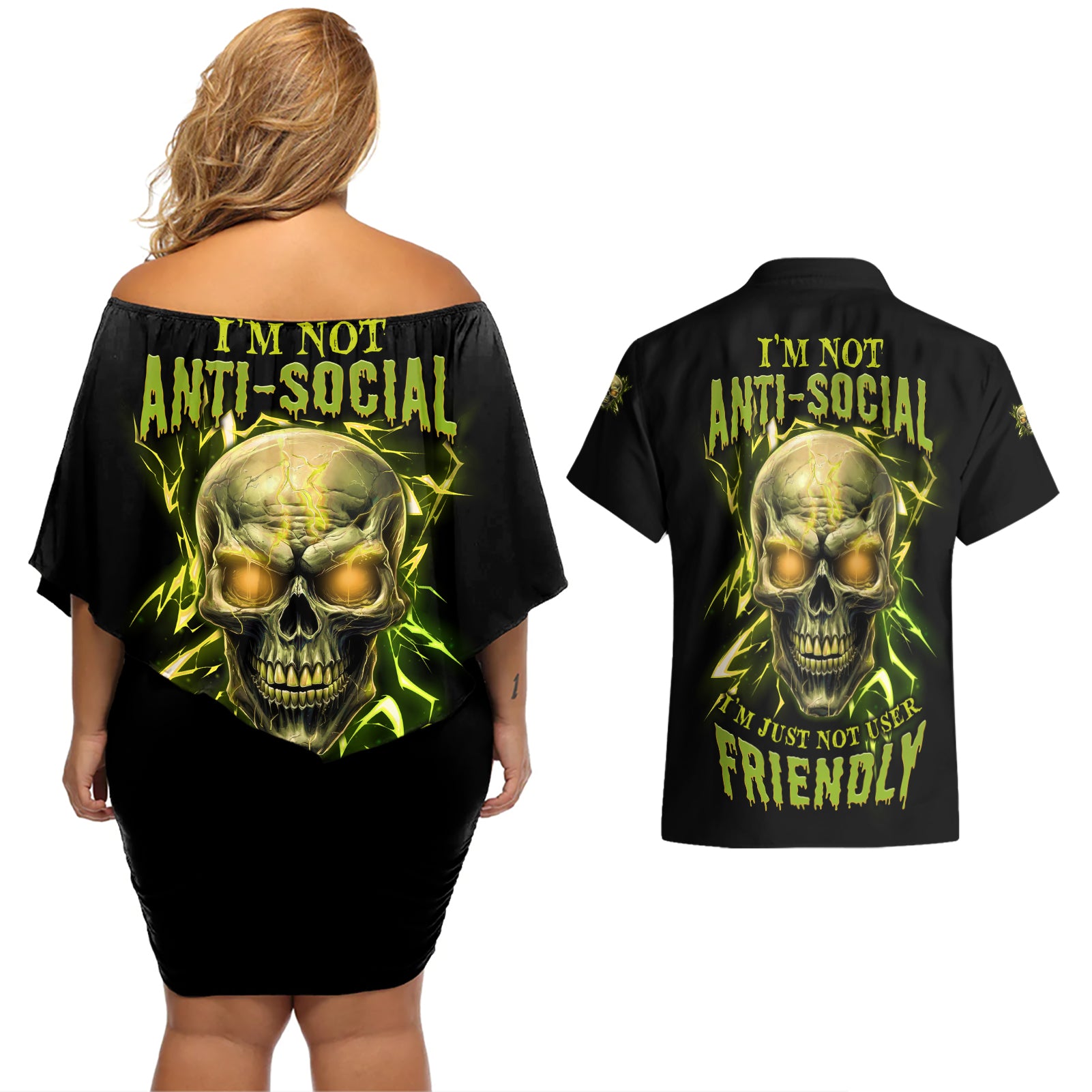 I'm Not Anti-social Mad Skull Couples Matching Off Shoulder Short Dress and Hawaiian Shirt - Wonder Print Shop