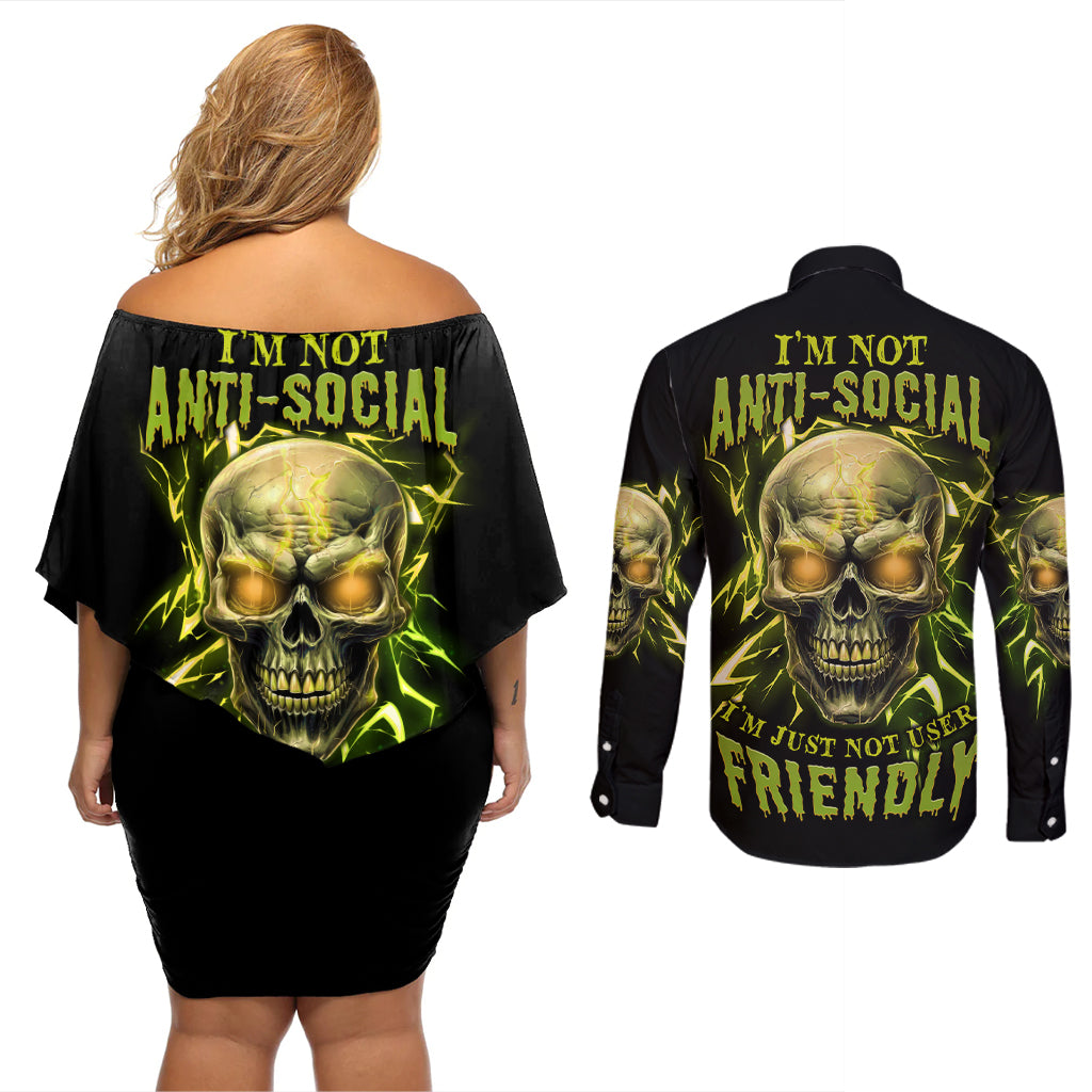I'm Not Anti-social Mad Skull Couples Matching Off Shoulder Short Dress and Long Sleeve Button Shirt - Wonder Print Shop