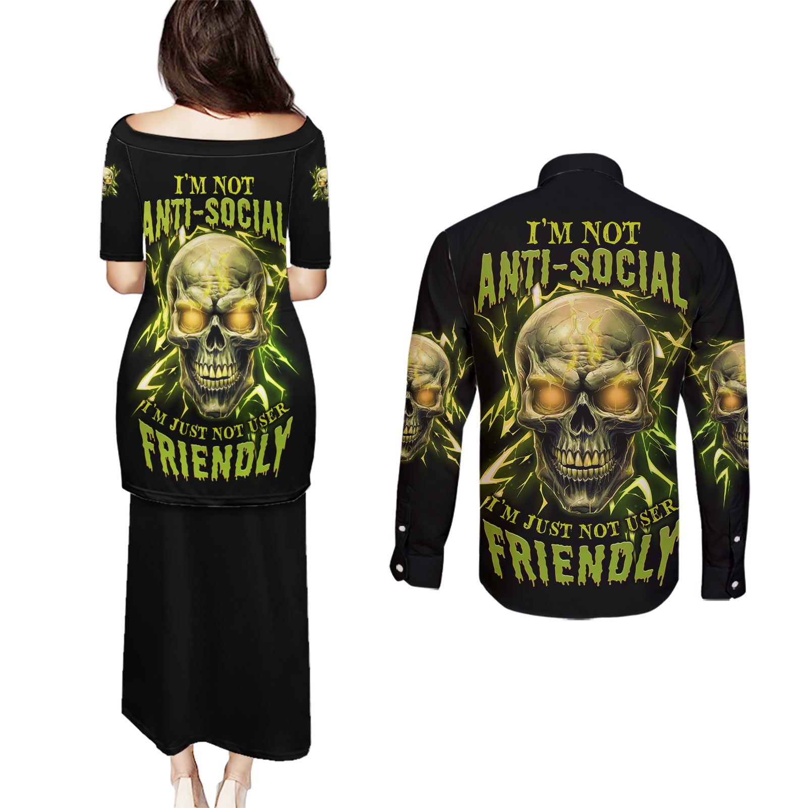 I'm Not Anti-social Mad Skull Couples Matching Puletasi Dress and Long Sleeve Button Shirt - Wonder Print Shop