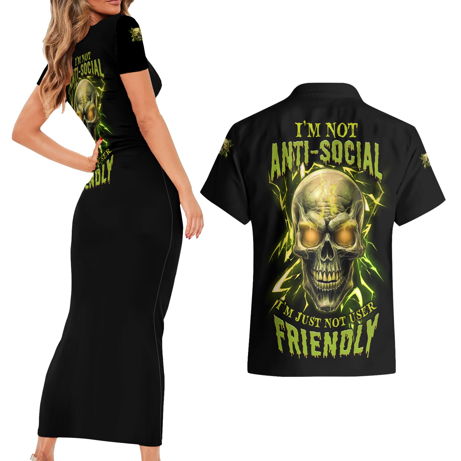 I'm Not Anti-social Mad Skull Couples Matching Short Sleeve Bodycon Dress and Hawaiian Shirt - Wonder Print Shop