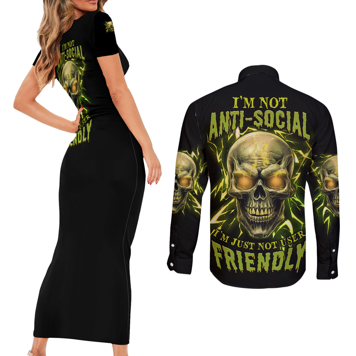 I'm Not Anti-social Mad Skull Couples Matching Short Sleeve Bodycon Dress and Long Sleeve Button Shirt - Wonder Print Shop