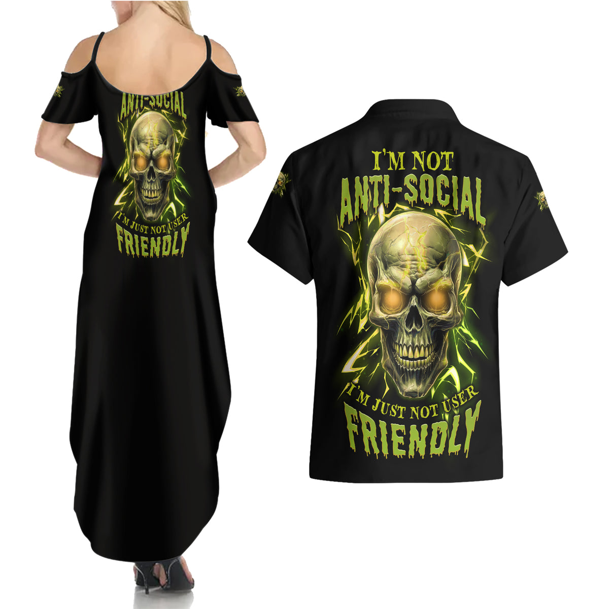 I'm Not Anti-social Mad Skull Couples Matching Summer Maxi Dress and Hawaiian Shirt - Wonder Print Shop