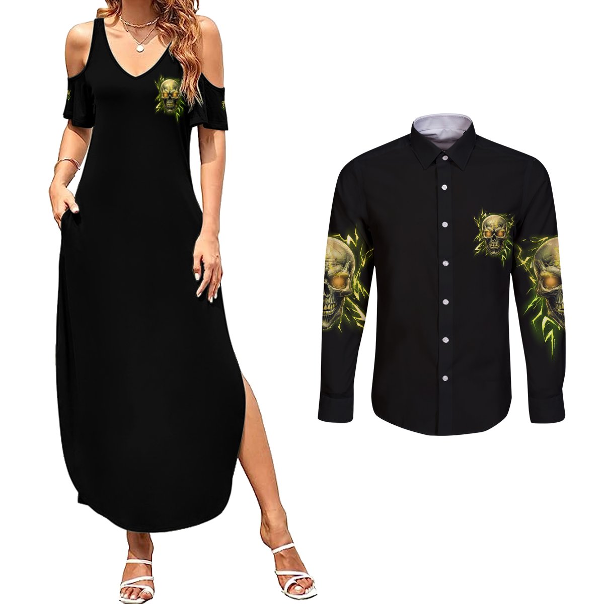 I'm Not Anti-social Mad Skull Couples Matching Summer Maxi Dress and Long Sleeve Button Shirt - Wonder Print Shop