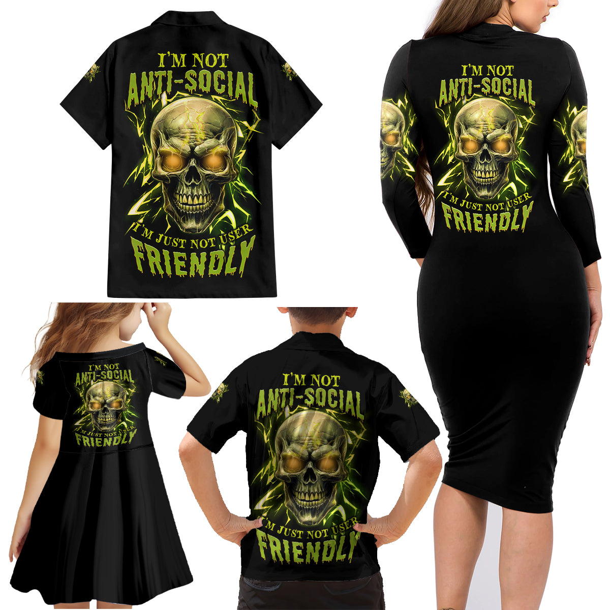 I'm Not Anti-social Mad Skull Family Matching Long Sleeve Bodycon Dress and Hawaiian Shirt - Wonder Print Shop