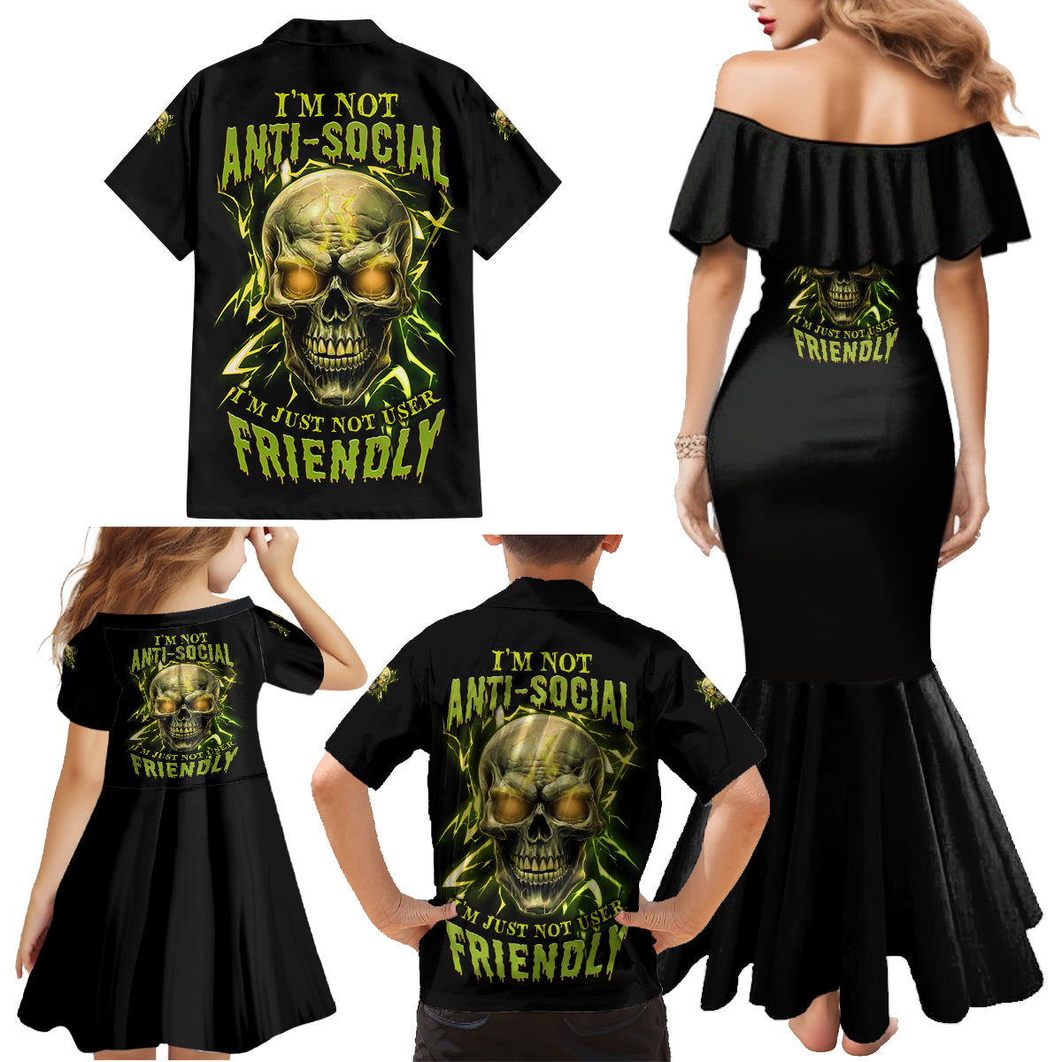 I'm Not Anti-social Mad Skull Family Matching Mermaid Dress and Hawaiian Shirt - Wonder Print Shop