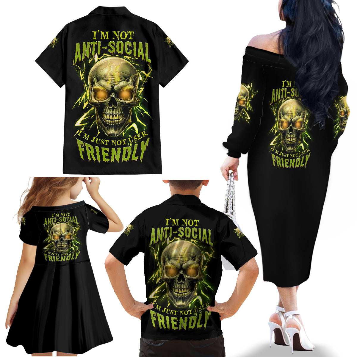 I'm Not Anti-social Mad Skull Family Matching Off Shoulder Long Sleeve Dress and Hawaiian Shirt - Wonder Print Shop