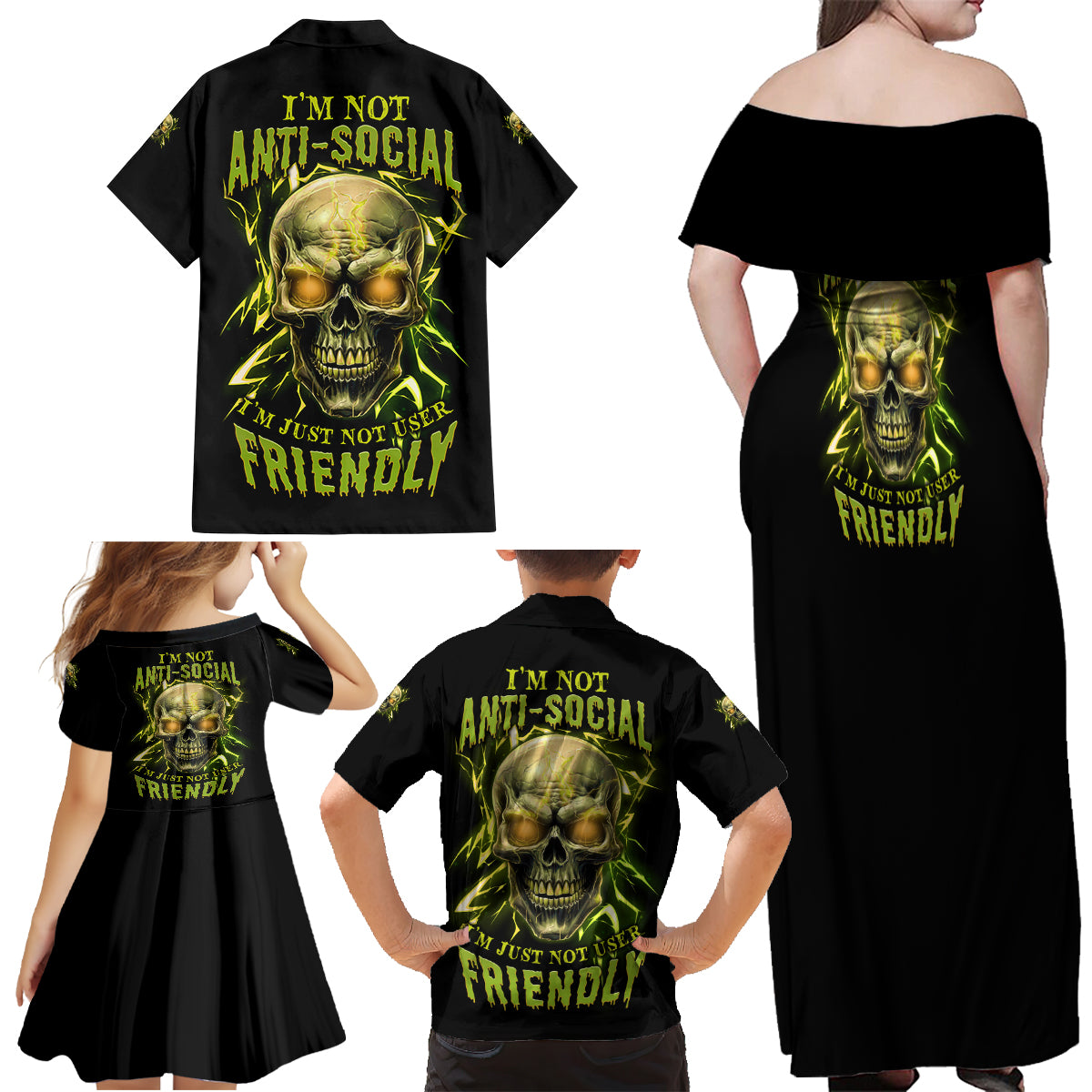 I'm Not Anti-social Mad Skull Family Matching Off Shoulder Maxi Dress and Hawaiian Shirt - Wonder Print Shop