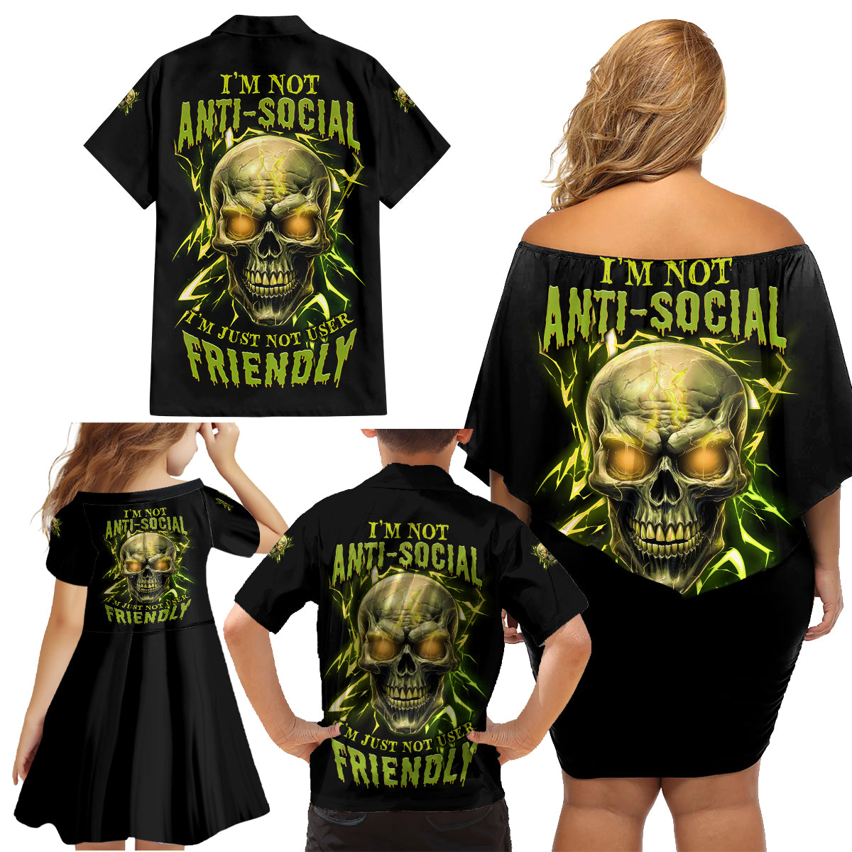I'm Not Anti-social Mad Skull Family Matching Off Shoulder Short Dress and Hawaiian Shirt - Wonder Print Shop