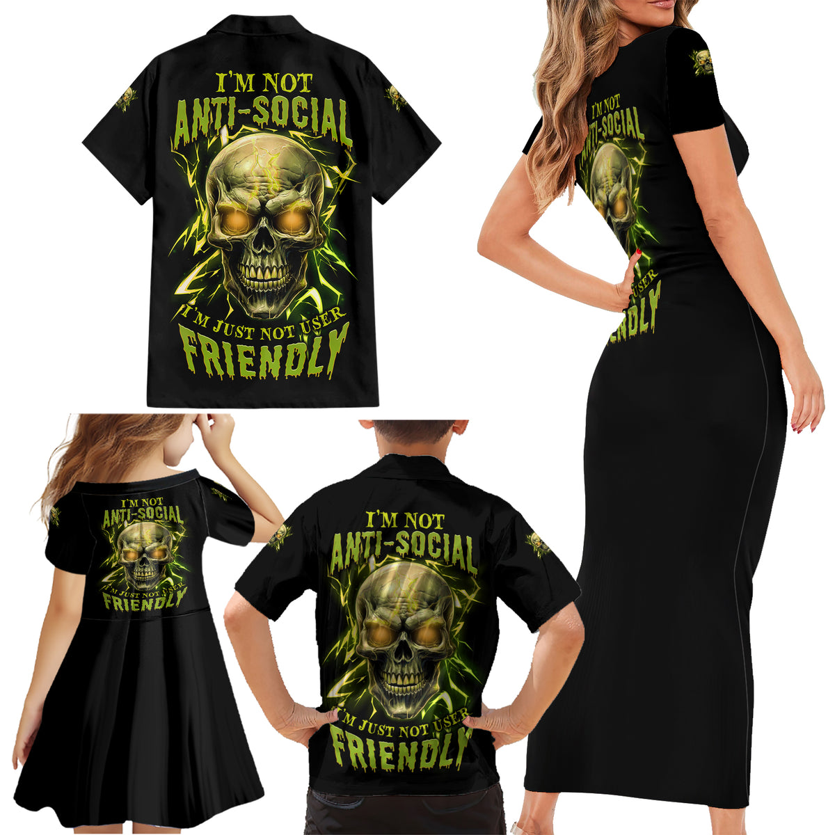 I'm Not Anti-social Mad Skull Family Matching Short Sleeve Bodycon Dress and Hawaiian Shirt - Wonder Print Shop