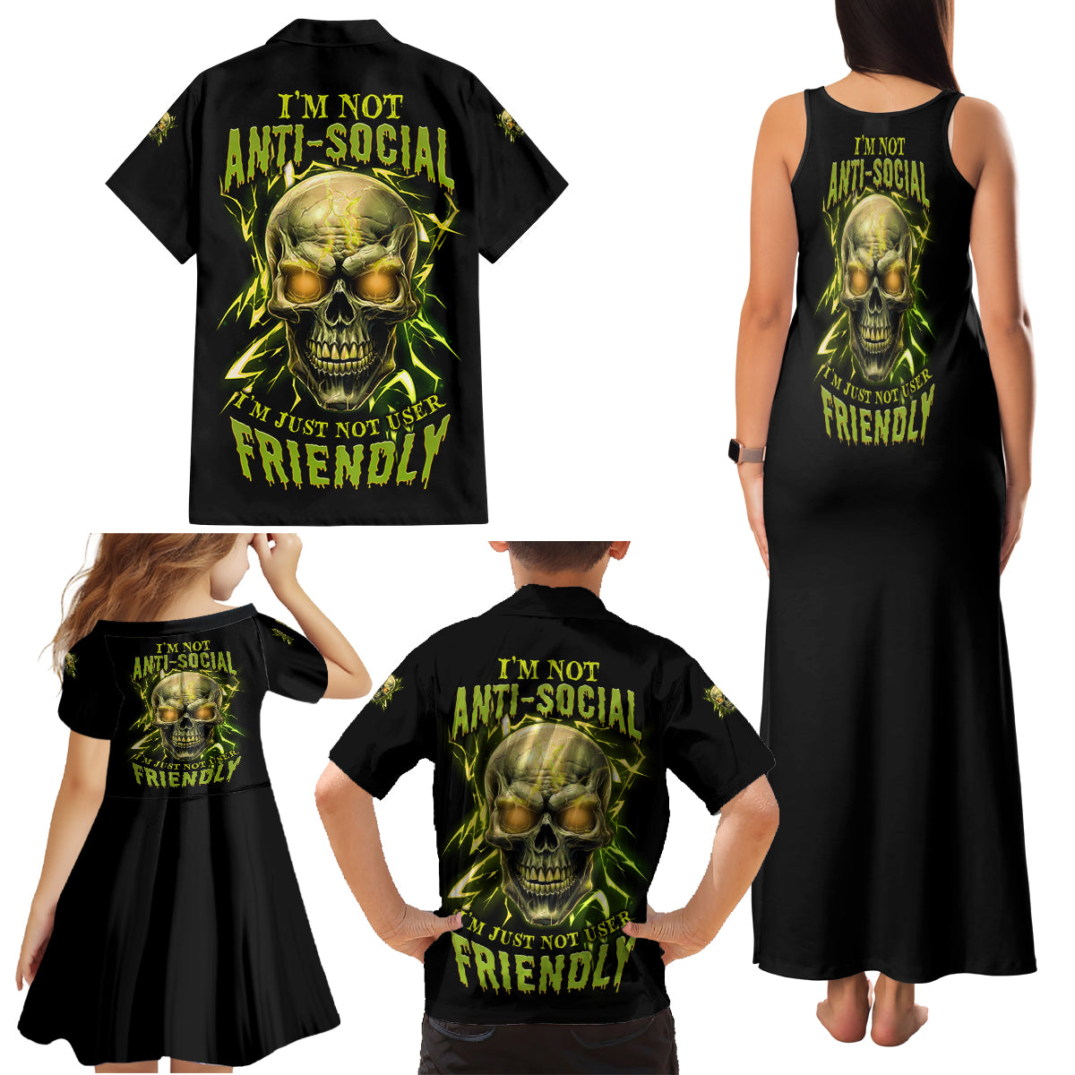I'm Not Anti-social Mad Skull Family Matching Tank Maxi Dress and Hawaiian Shirt - Wonder Print Shop