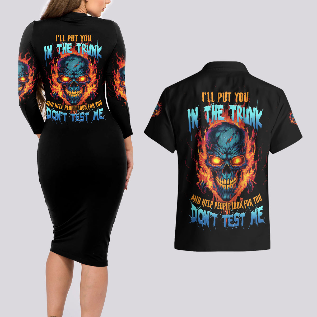 I'll Put You In The Trunk Couples Matching Long Sleeve Bodycon Dress and Hawaiian Shirt - Wonder Print Shop