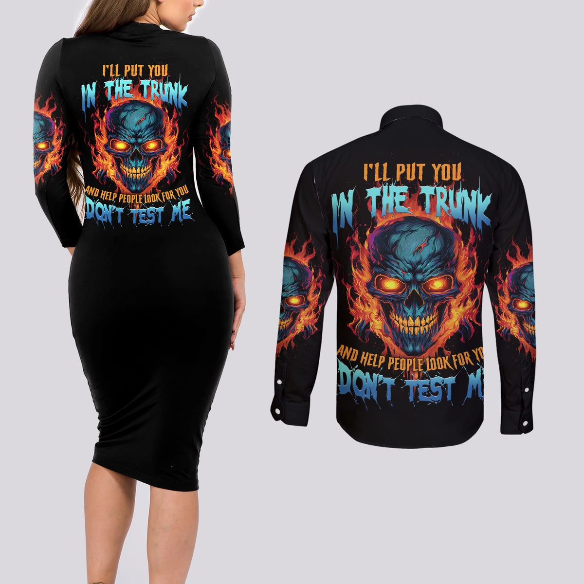 I'll Put You In The Trunk Couples Matching Long Sleeve Bodycon Dress and Long Sleeve Button Shirt - Wonder Print Shop