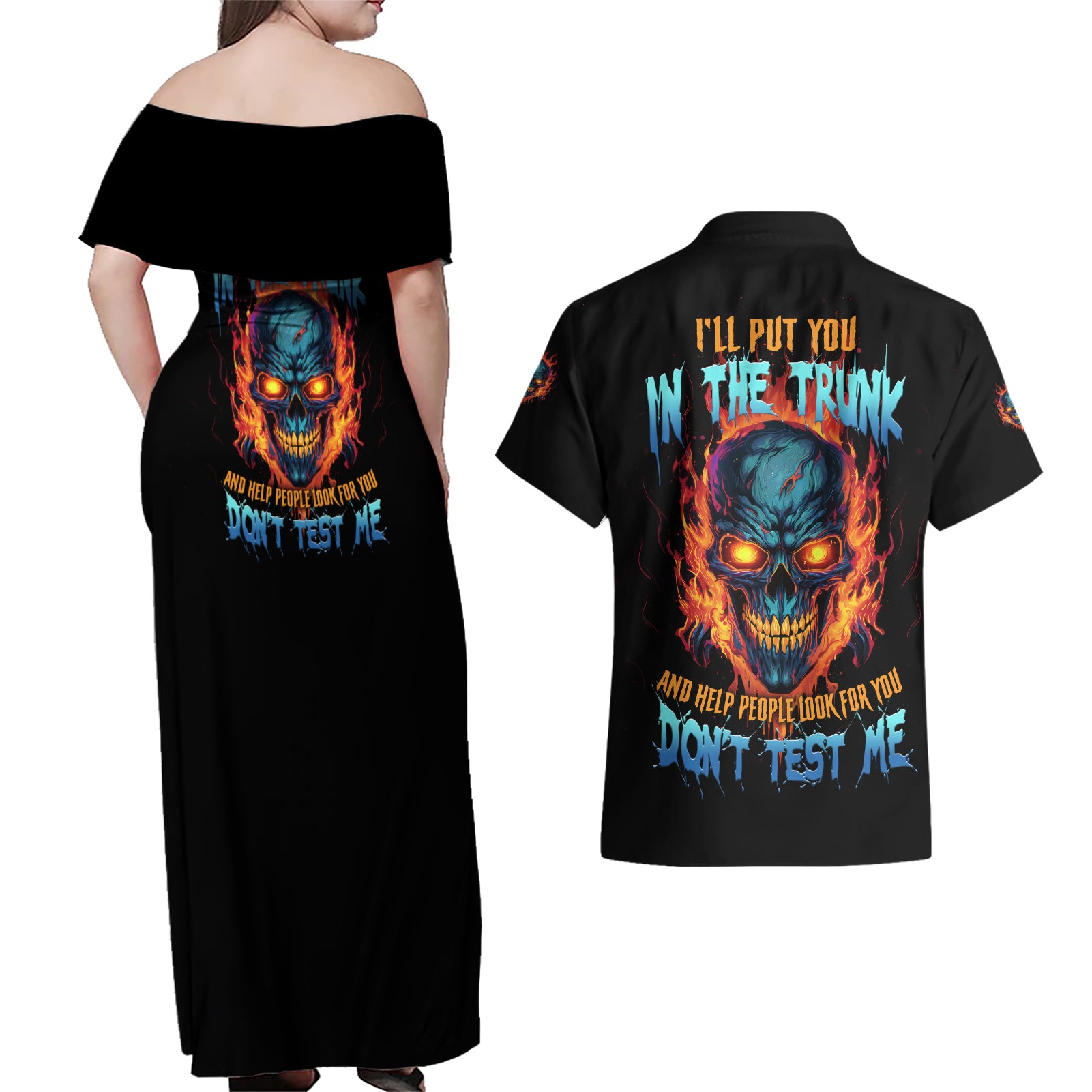 I'll Put You In The Trunk Couples Matching Off Shoulder Maxi Dress and Hawaiian Shirt - Wonder Print Shop