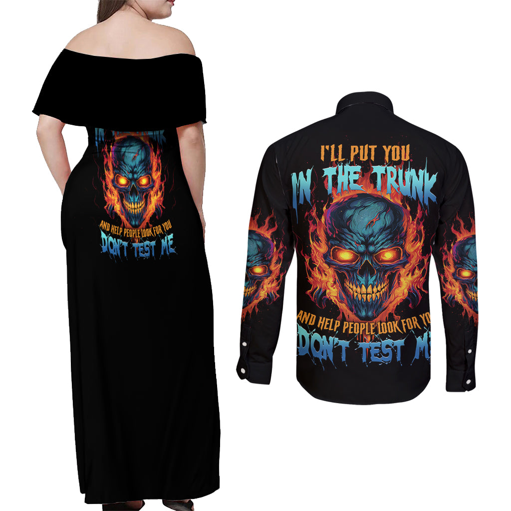 I'll Put You In The Trunk Couples Matching Off Shoulder Maxi Dress and Long Sleeve Button Shirt - Wonder Print Shop
