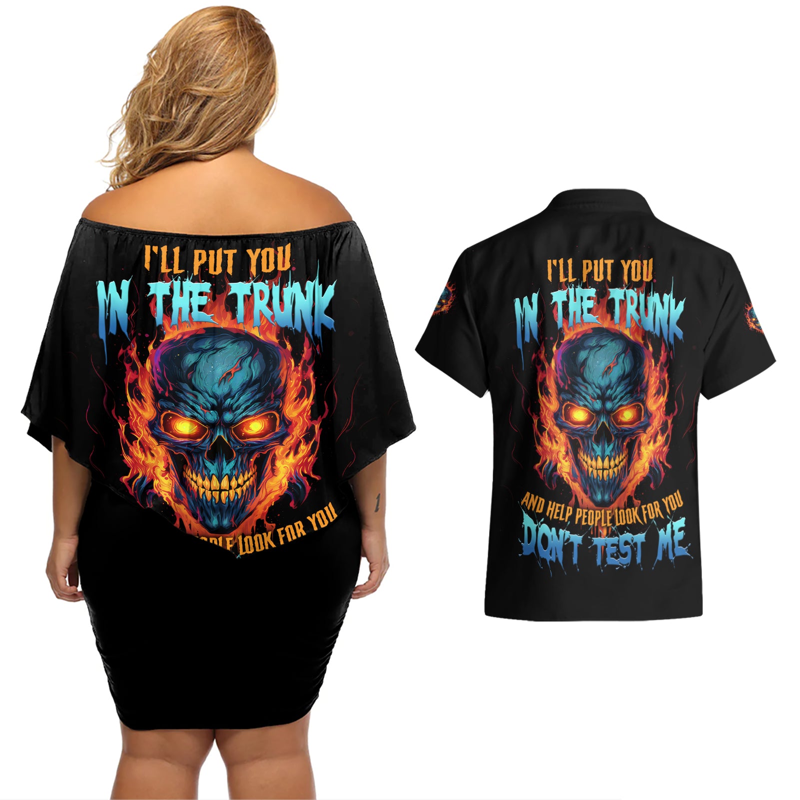 I'll Put You In The Trunk Couples Matching Off Shoulder Short Dress and Hawaiian Shirt - Wonder Print Shop
