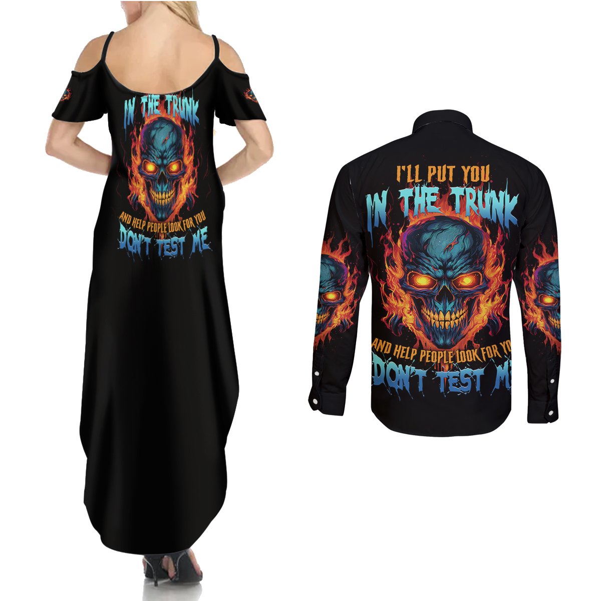 I'll Put You In The Trunk Couples Matching Summer Maxi Dress and Long Sleeve Button Shirt - Wonder Print Shop