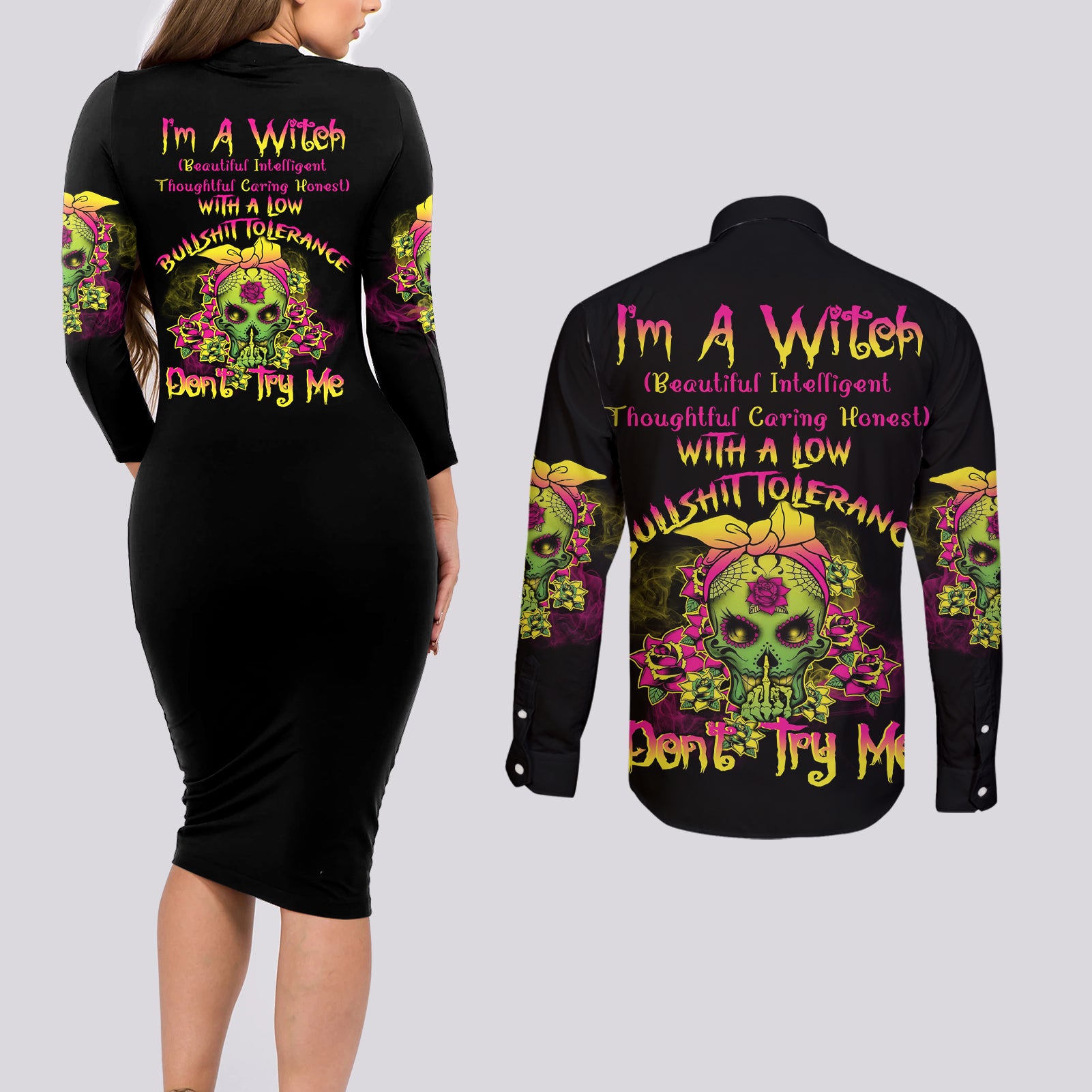 I'm A B With A Low Bullshit Tolerance Don't Try Me Couples Matching Long Sleeve Bodycon Dress and Long Sleeve Button Shirt - Wonder Print Shop