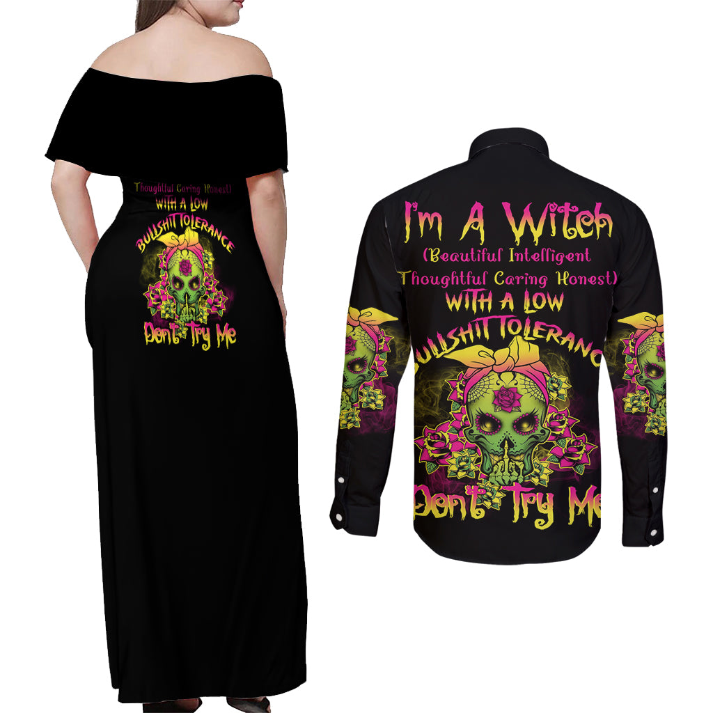 I'm A B With A Low Bullshit Tolerance Don't Try Me Couples Matching Off Shoulder Maxi Dress and Long Sleeve Button Shirt - Wonder Print Shop
