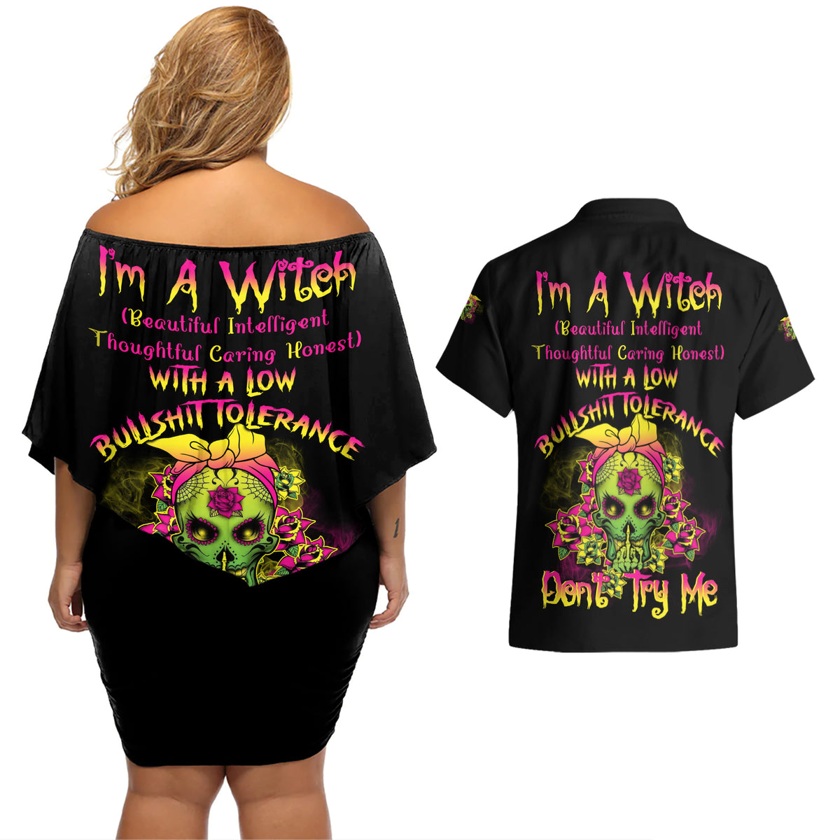 I'm A B With A Low Bullshit Tolerance Don't Try Me Couples Matching Off Shoulder Short Dress and Hawaiian Shirt - Wonder Print Shop