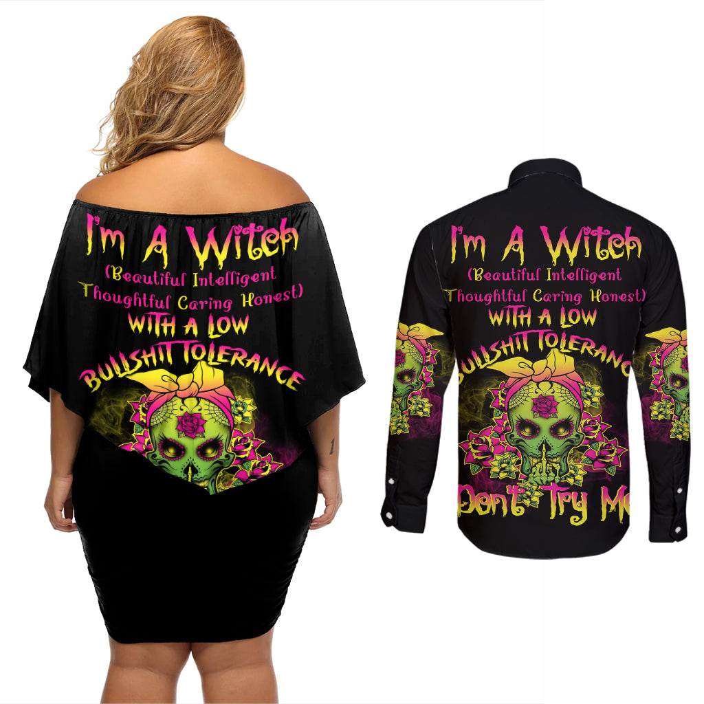 I'm A B With A Low Bullshit Tolerance Don't Try Me Couples Matching Off Shoulder Short Dress and Long Sleeve Button Shirt - Wonder Print Shop