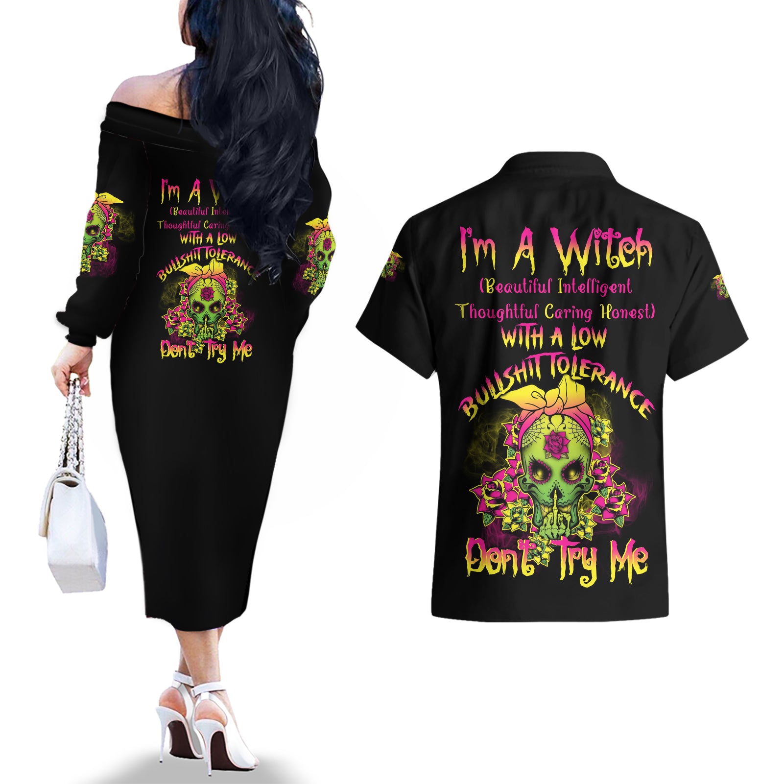 I'm A B With A Low Bullshit Tolerance Don't Try Me Couples Matching Off The Shoulder Long Sleeve Dress and Hawaiian Shirt - Wonder Print Shop