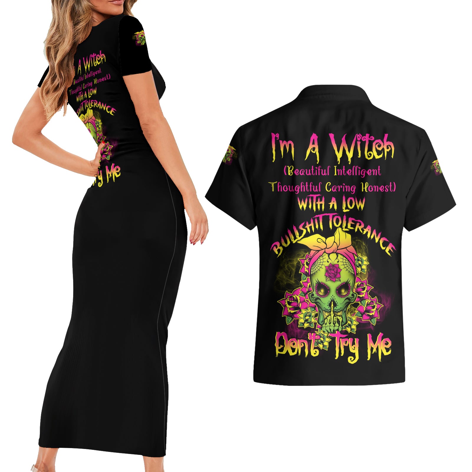 I'm A B With A Low Bullshit Tolerance Don't Try Me Couples Matching Short Sleeve Bodycon Dress and Hawaiian Shirt - Wonder Print Shop