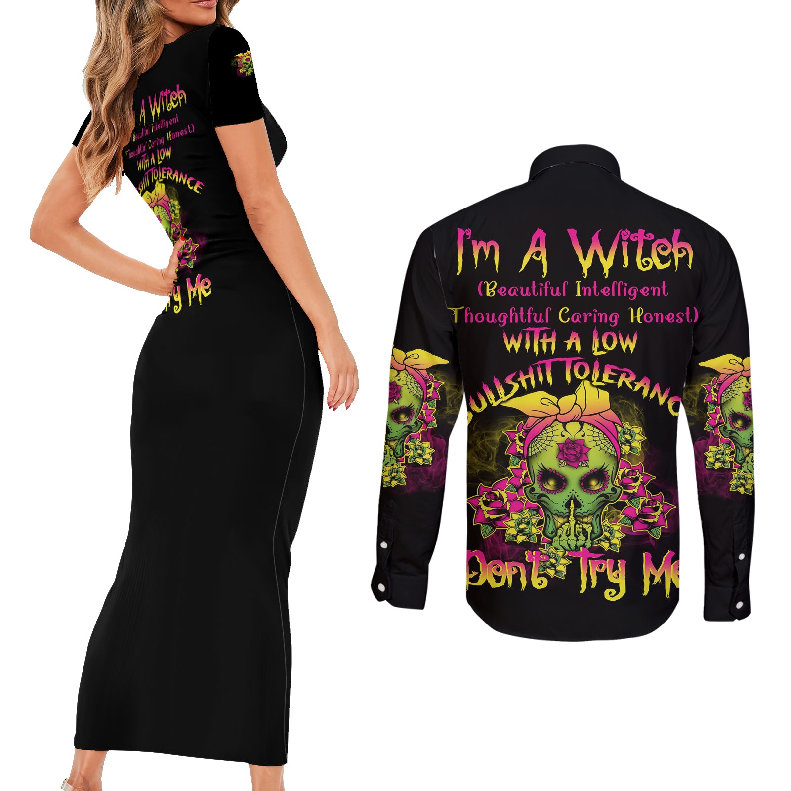 I'm A B With A Low Bullshit Tolerance Don't Try Me Couples Matching Short Sleeve Bodycon Dress and Long Sleeve Button Shirt - Wonder Print Shop