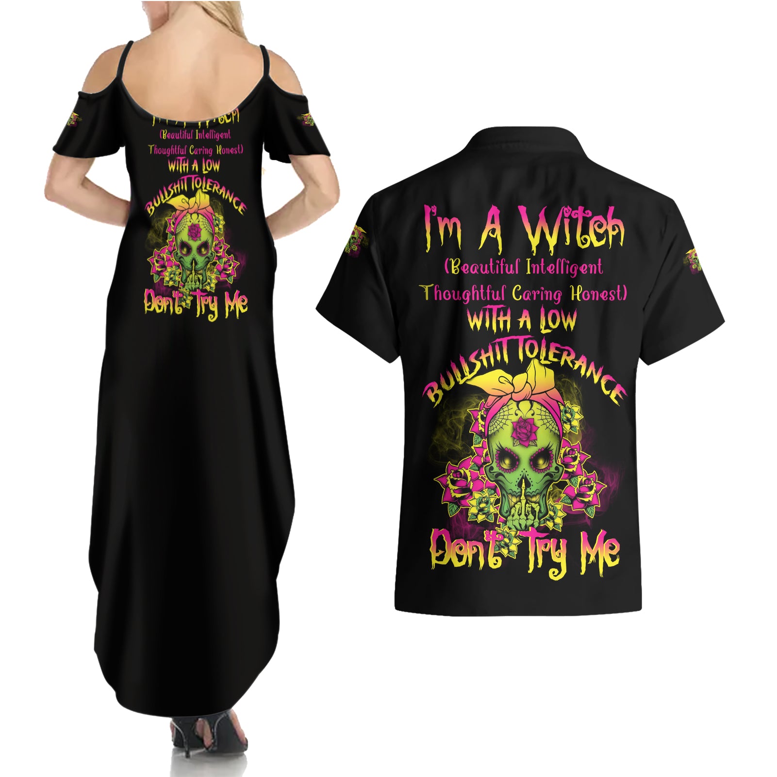 I'm A B With A Low Bullshit Tolerance Don't Try Me Couples Matching Summer Maxi Dress and Hawaiian Shirt - Wonder Print Shop