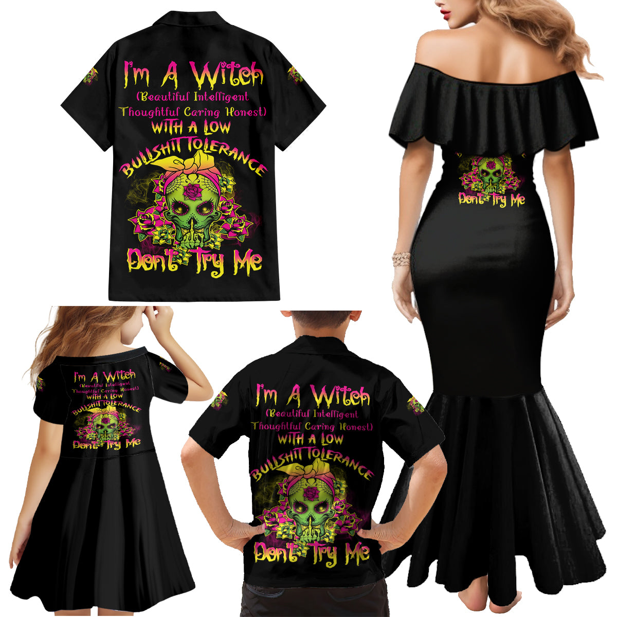 I'm A B With A Low Bullshit Tolerance Don't Try Me Family Matching Mermaid Dress and Hawaiian Shirt - Wonder Print Shop