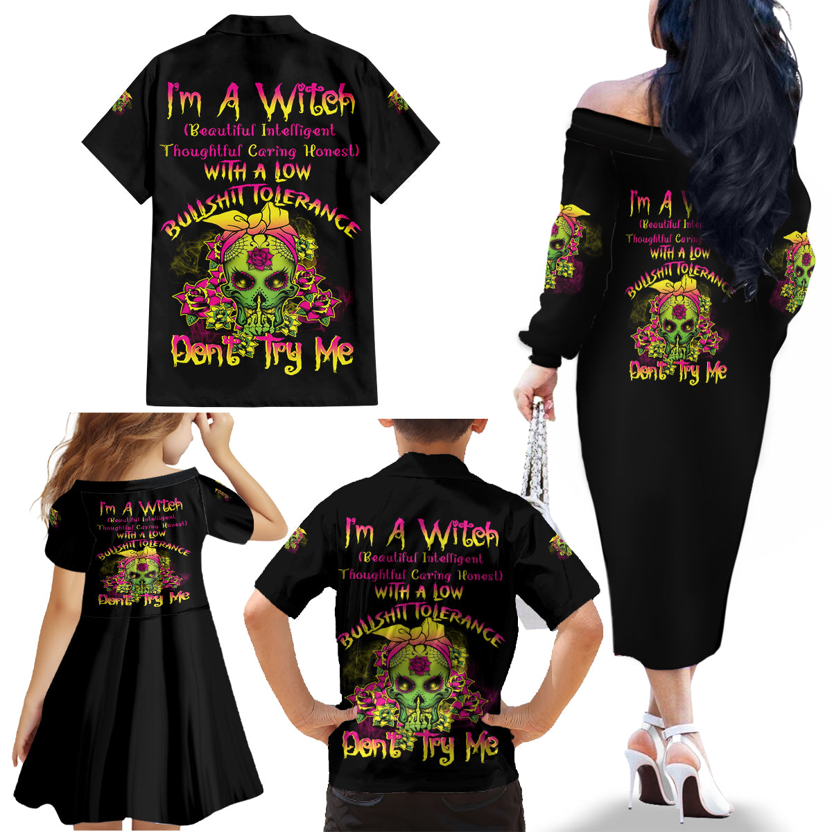 I'm A B With A Low Bullshit Tolerance Don't Try Me Family Matching Off Shoulder Long Sleeve Dress and Hawaiian Shirt - Wonder Print Shop