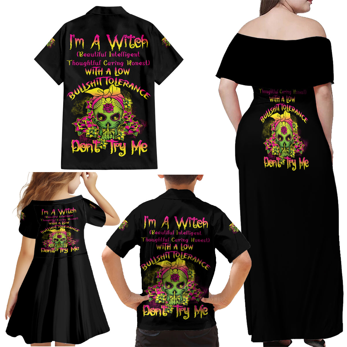 I'm A B With A Low Bullshit Tolerance Don't Try Me Family Matching Off Shoulder Maxi Dress and Hawaiian Shirt - Wonder Print Shop