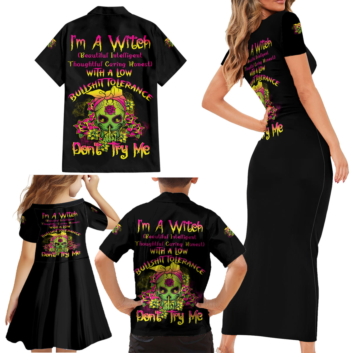 I'm A B With A Low Bullshit Tolerance Don't Try Me Family Matching Short Sleeve Bodycon Dress and Hawaiian Shirt - Wonder Print Shop