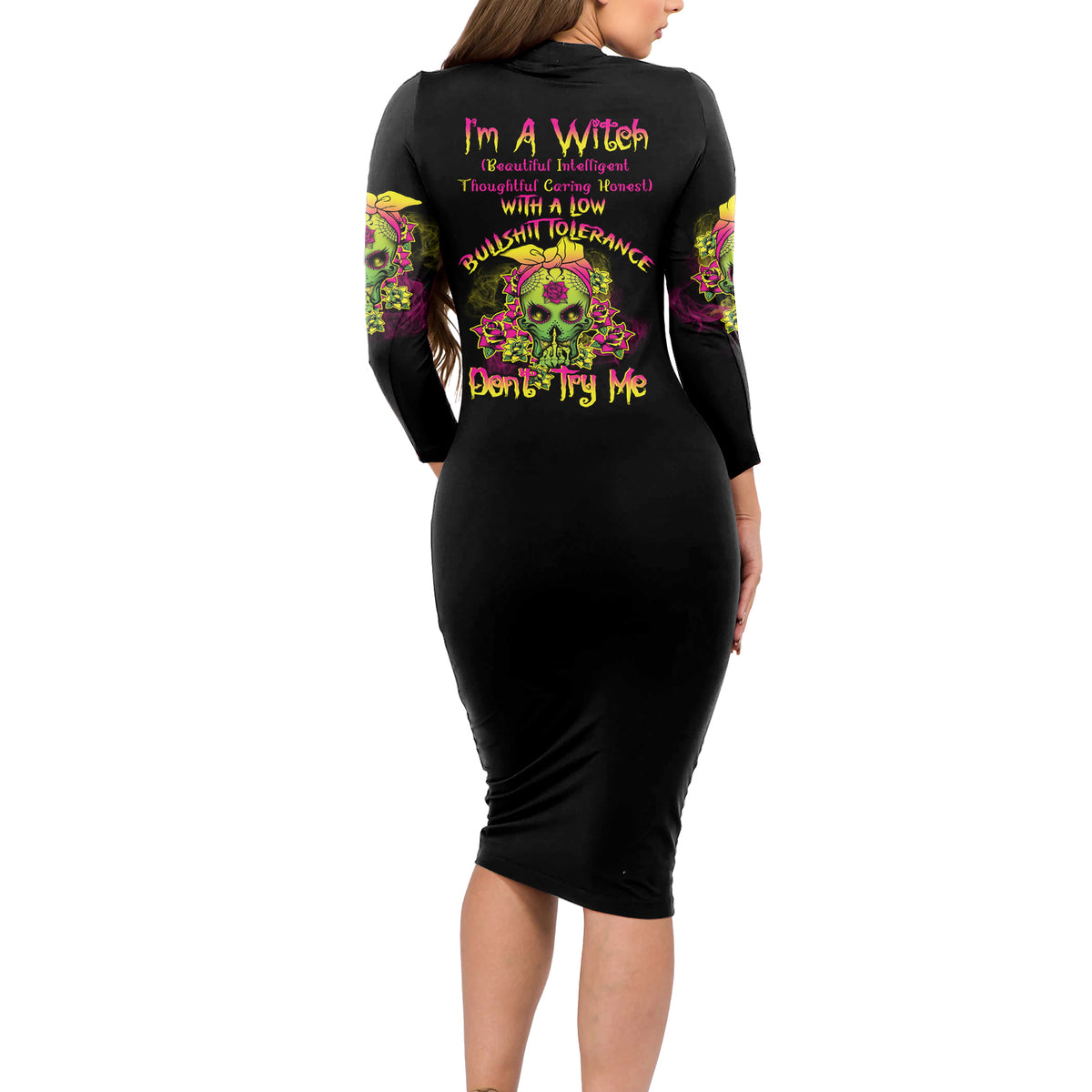 I'm A B With A Low Bullshit Tolerance Don't Try Me Long Sleeve Bodycon Dress - Wonder Print Shop