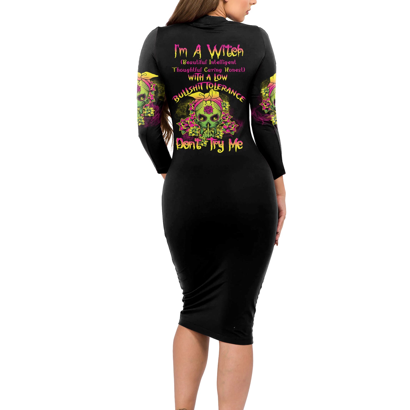I'm A B With A Low Bullshit Tolerance Don't Try Me Long Sleeve Bodycon Dress - Wonder Print Shop