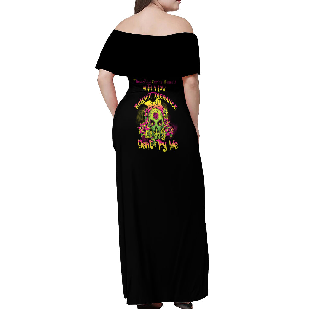 I'm A B With A Low Bullshit Tolerance Don't Try Me Off Shoulder Maxi Dress - Wonder Print Shop
