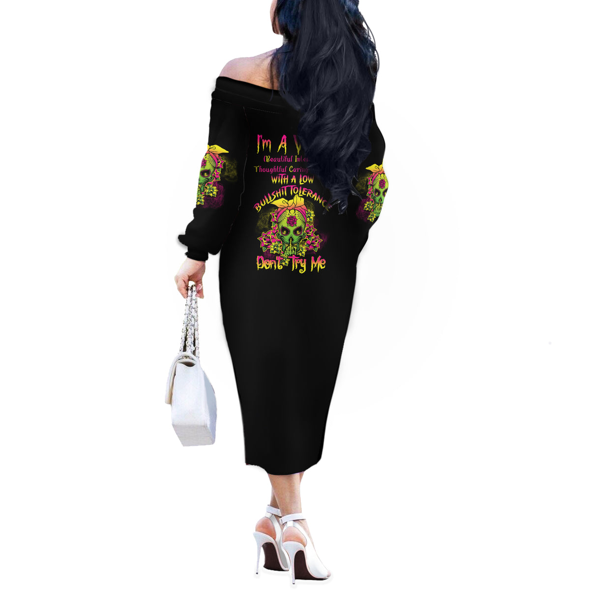 I'm A B With A Low Bullshit Tolerance Don't Try Me Off The Shoulder Long Sleeve Dress - Wonder Print Shop