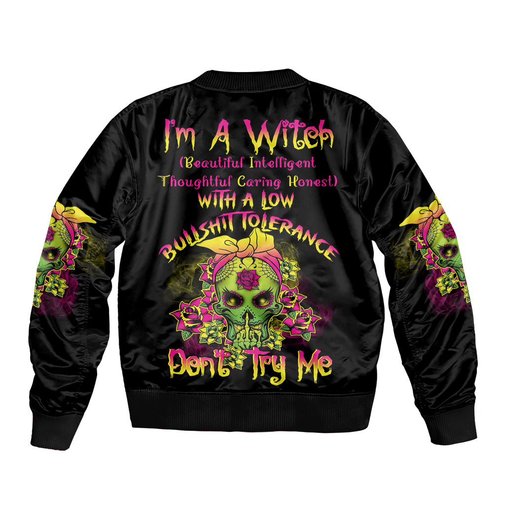 I'm A B With A Low Bullshit Tolerance Don't Try Me Sleeve Zip Bomber Jacket - Wonder Print Shop