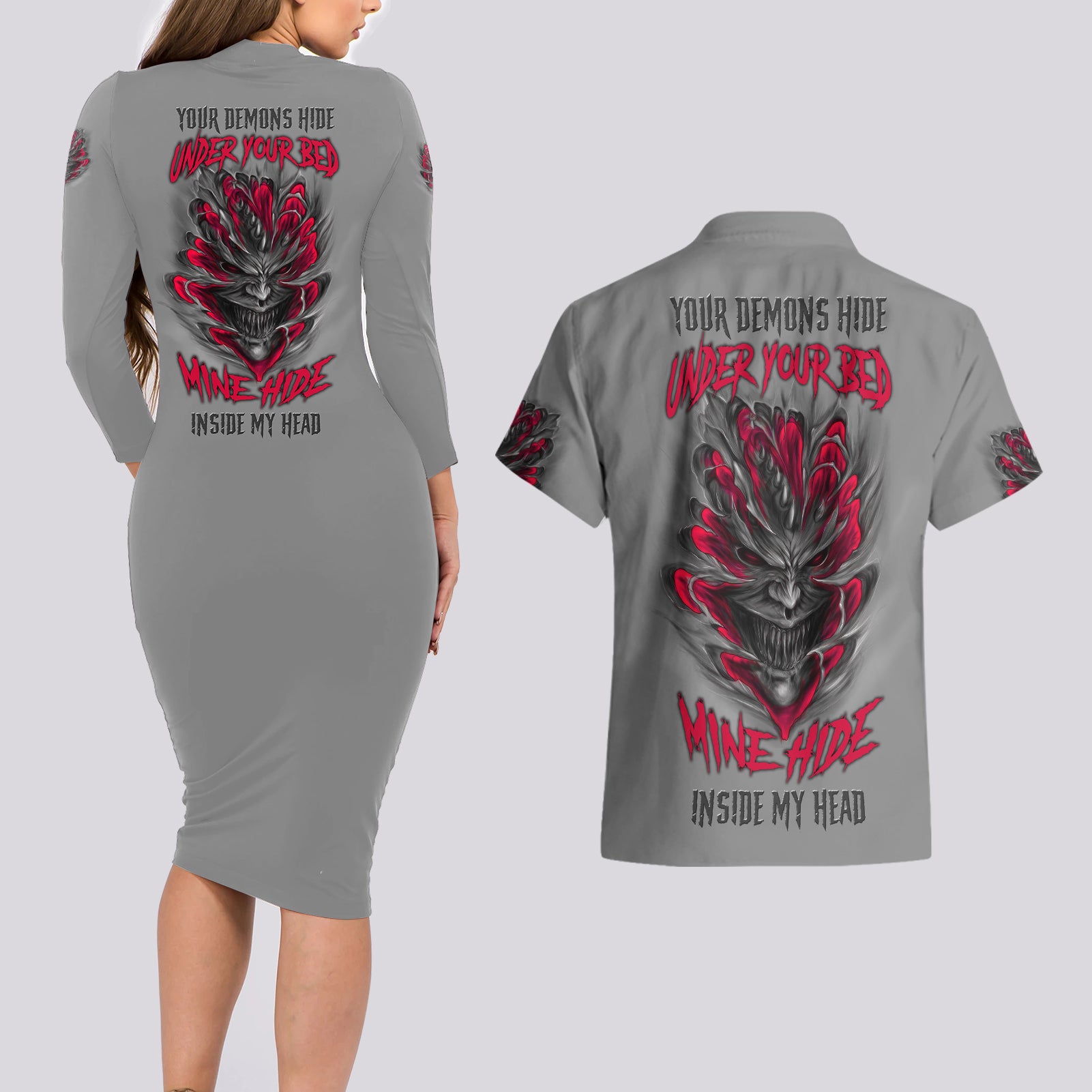 Your Demons Hide Under Your Bed Couples Matching Long Sleeve Bodycon Dress and Hawaiian Shirt - Wonder Print Shop
