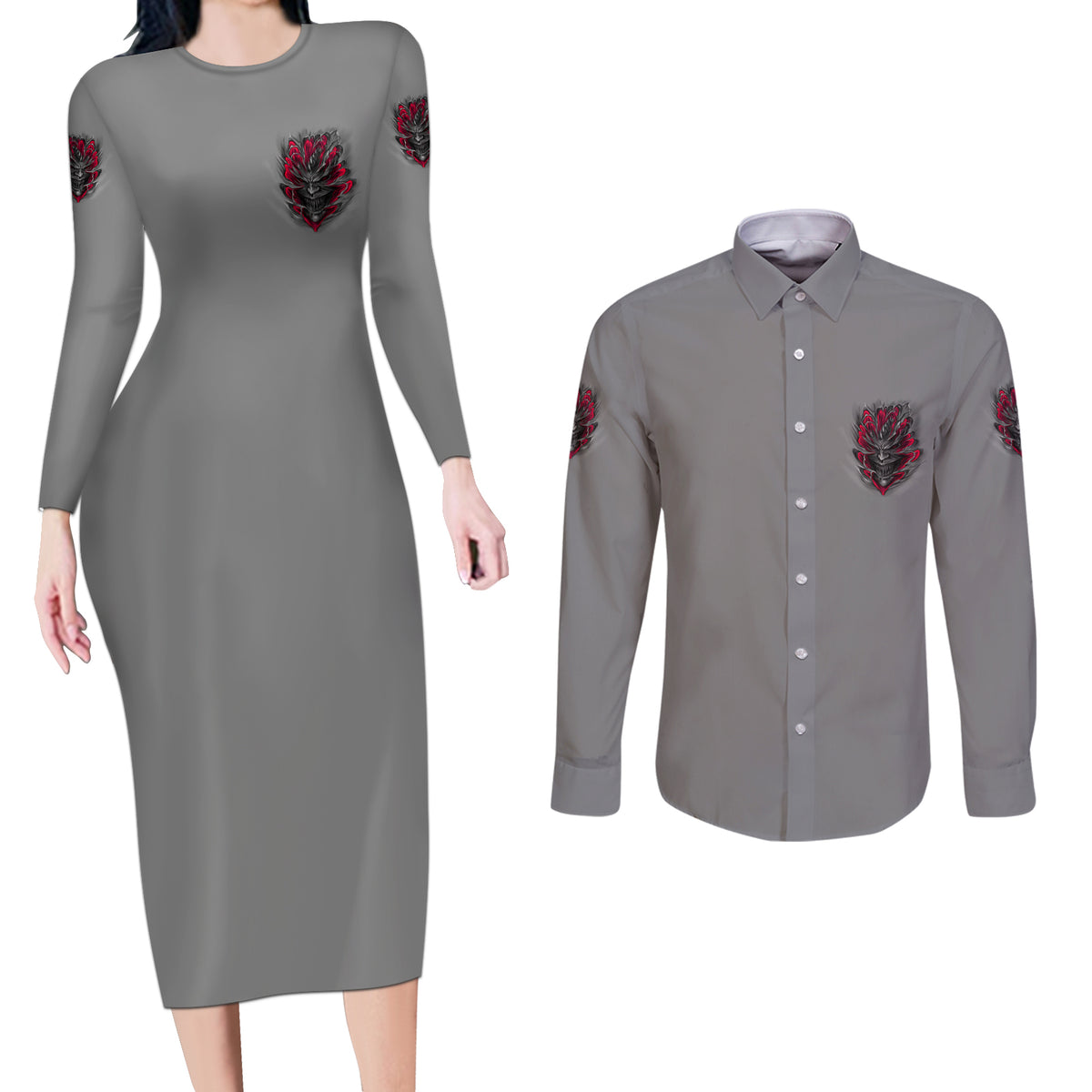 Your Demons Hide Under Your Bed Couples Matching Long Sleeve Bodycon Dress and Long Sleeve Button Shirt - Wonder Print Shop