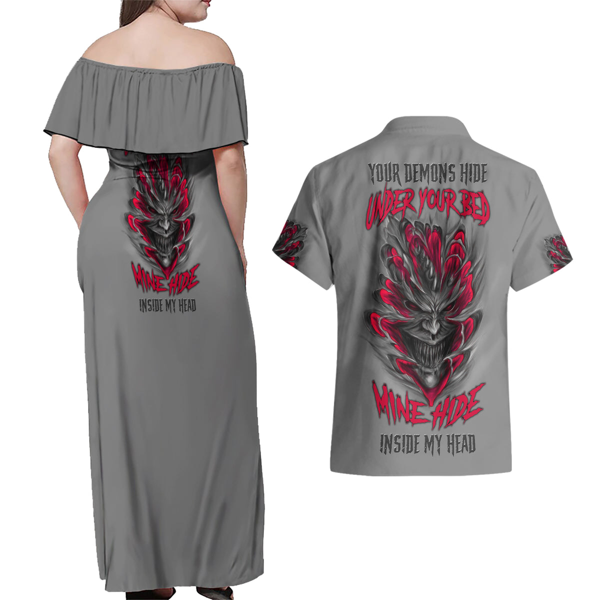 Your Demons Hide Under Your Bed Couples Matching Off Shoulder Maxi Dress and Hawaiian Shirt - Wonder Print Shop