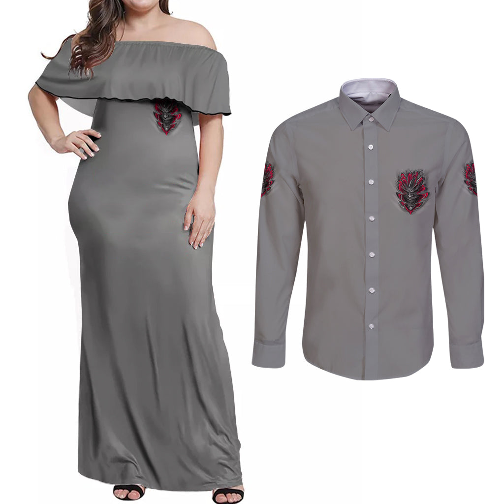 Your Demons Hide Under Your Bed Couples Matching Off Shoulder Maxi Dress and Long Sleeve Button Shirt - Wonder Print Shop