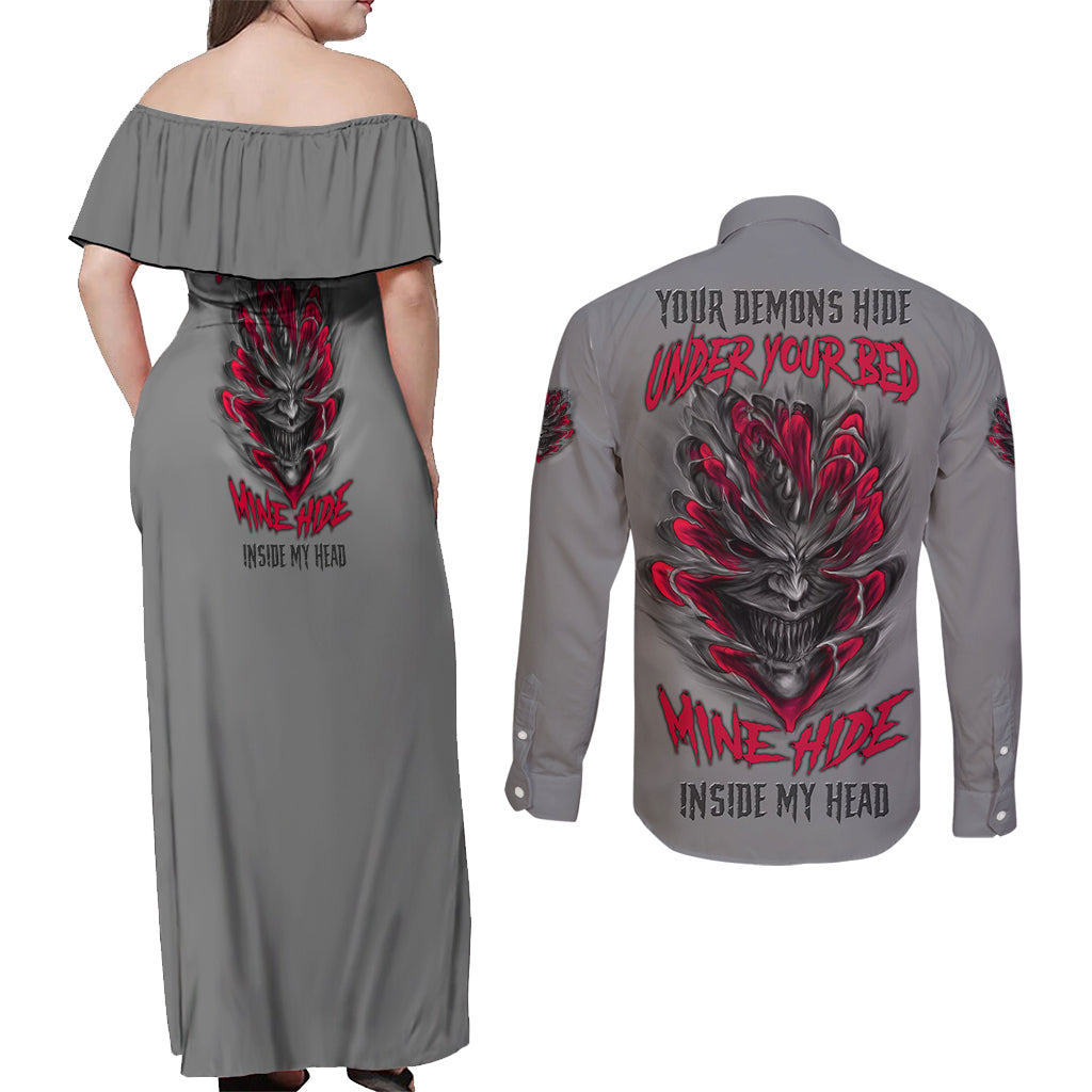 Your Demons Hide Under Your Bed Couples Matching Off Shoulder Maxi Dress and Long Sleeve Button Shirt - Wonder Print Shop