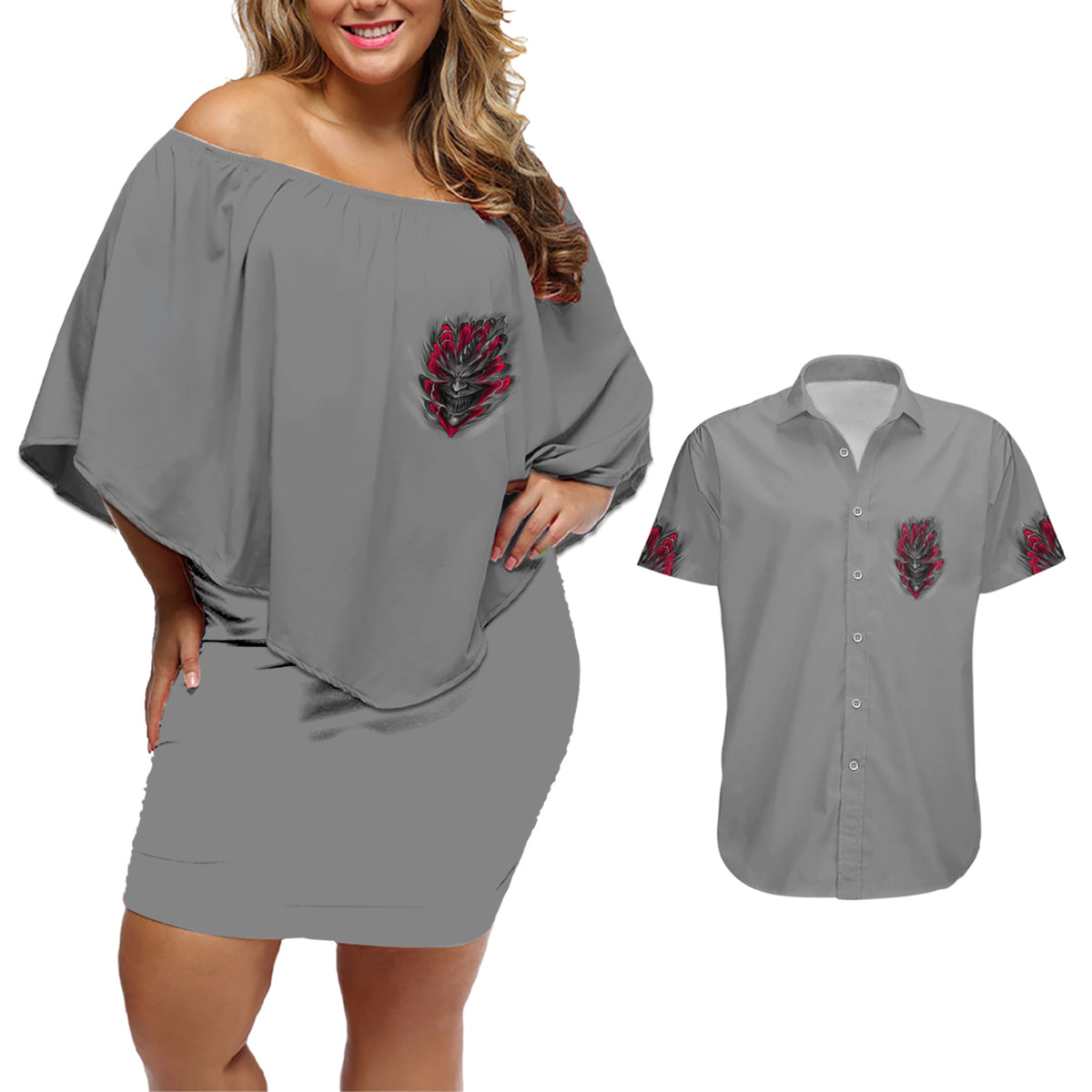 Your Demons Hide Under Your Bed Couples Matching Off Shoulder Short Dress and Hawaiian Shirt - Wonder Print Shop