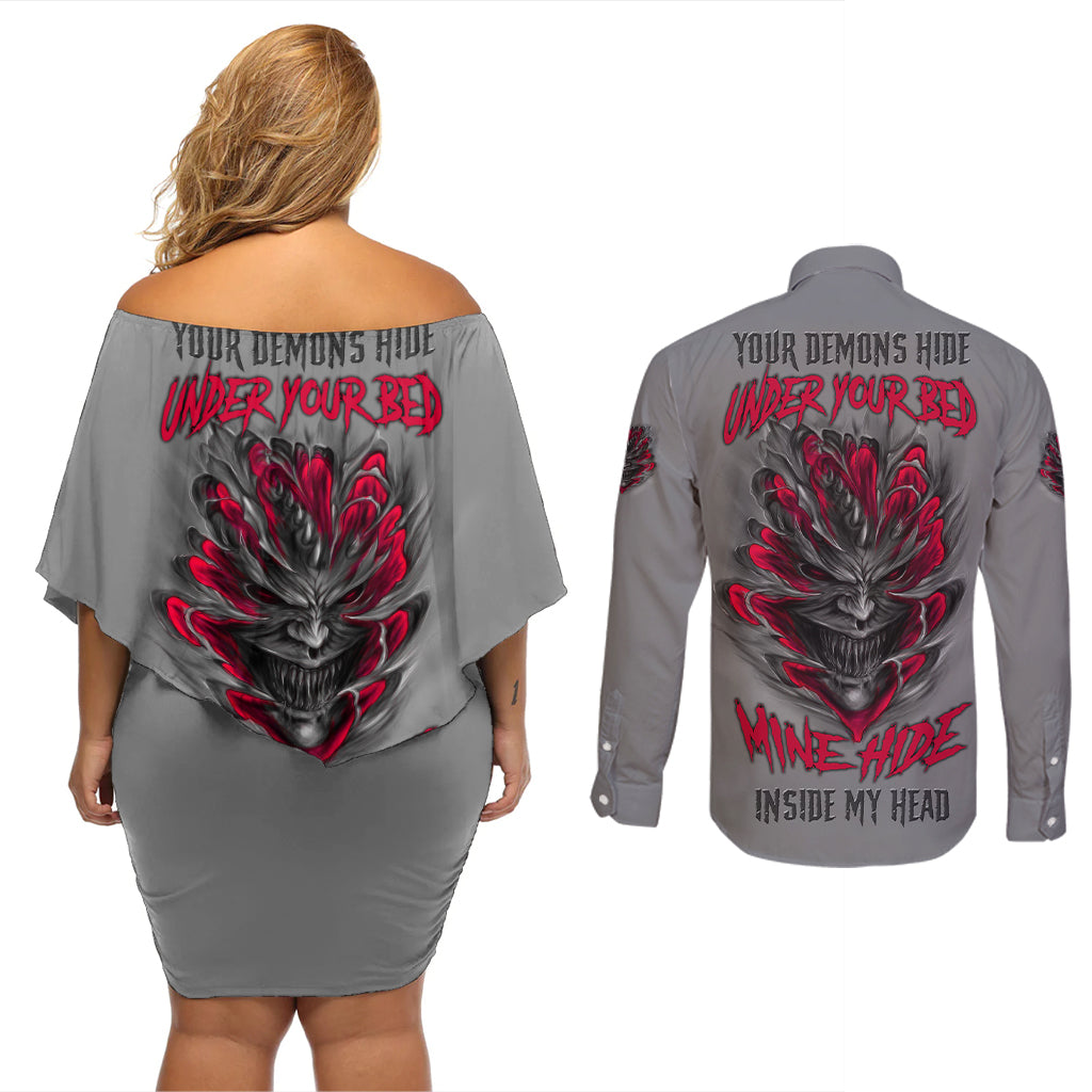 Your Demons Hide Under Your Bed Couples Matching Off Shoulder Short Dress and Long Sleeve Button Shirt - Wonder Print Shop
