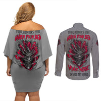Your Demons Hide Under Your Bed Couples Matching Off Shoulder Short Dress and Long Sleeve Button Shirt - Wonder Print Shop
